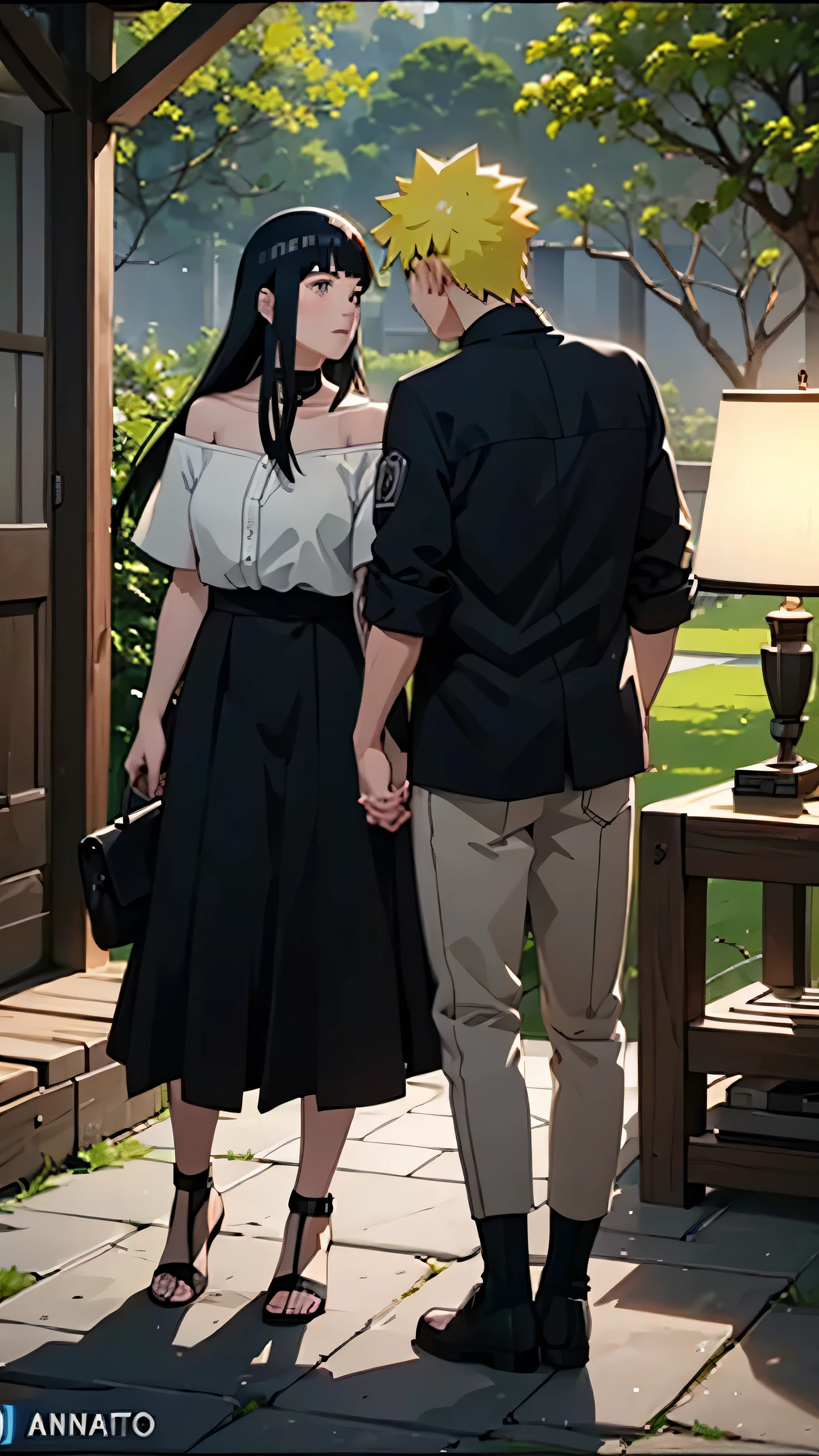 (high quality,masterpiece:1.2),ultra-detailed,physically-based rendering,realistic,
young couple kissing in a garden softly,romantic atmosphere,emotional connection,
detailed facial expressions,beautiful eyes and lips,
soft moonlight illuminating the scene,creating a dreamy ambiance,
lush greenery surrounding them,adding a touch of nature,
the boy with dark black hair resembling Hinata from "Naruto",
the girl with long blonde hair similar to Naruto's,
peaceful tranquility in the nighttime setting,
the couple's hands casually tucked into their pockets,
gentle breeze rustling their clothes,
subtle shadows playing across their faces,
vivid colors enhancing the overall visual impact,
a perfect blend of tenderness and passion in their embrace,
capturing the essence of young love,
a timeless moment frozen in art.