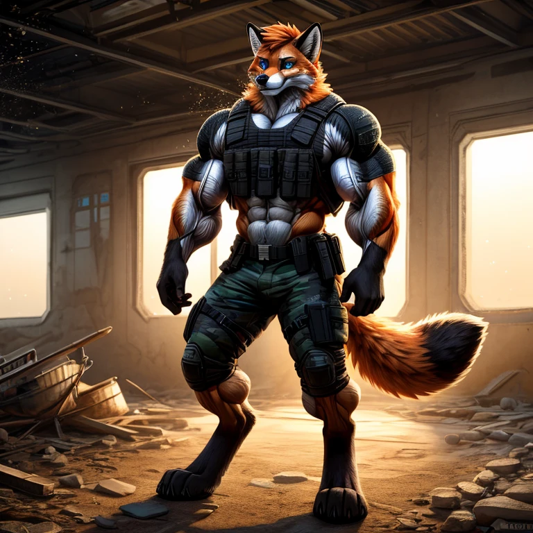 Masterpieces, furry, male, Anthropomorphic, red fox, blue eyes, black mark on muzzle, thin body, age 20, Delicate eyes, furred body, at chernobyl, perfect lighting, light particles,(best quality),(masterpiece),(ultra detailed), sharp focus, light particles, detailed barren background, black camo military short, shirtless, wearing heavy bulletproof vest , no shirt , fierce look, soldier look, full body, eight pack abs, brown forearms, (detailed muscle:2), orange hair, digitigrade, open black leather jacket 