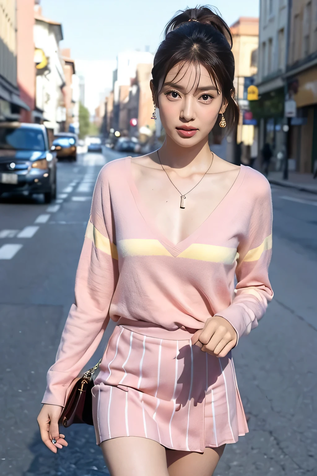 whole body,Girl1people々々,In one people々々,
(8k, RAW Photos, highest quality, masterpiece:1.3),(Realistic, photo-Realistic:1.37),Realistic skin texture,(photoRealistic:1.3),(hyperRealistic:1.2),

Age 25, 1people, ((Beautiful people々 female announcer, Cute mouth:1.2)),

((Gorgeous Earrings, length Necklace:1.2)), 
((Stroll along the fashionable streets, people々々Attract the attention of:1.2)),
((Office Casual, Striped long sleeve shirt, Short flared skirt, I can see your beautiful thighs:1.5)),
(Pay attention to the beautiful thighs, I flipped up my skirt:1.5), 

((Sexy vibe, Kissing Mouth, Poke out your lips, Cute and shy, Staring at the audience)),

Realistic skin texture, Fair skin, Shiny skin, Beautiful skin on legs, Beautiful feet, 
Highly detailed face, Slim face contour, Beautiful small face, Beautiful Nose, 
Very beautiful eyes, length, Narrow eyes, Brown eyes, double eyelid, Very thin eyebrows, thin, length eyelashes, 
Ultra-detailed lips, Plump and moisturized lips, Glossy pink lips, Blushed, 
Beautiful people々々 actress&#39;Fatigue makeup, Pink lipstick, smokey eye shadow, Eye Foundation, 
Dark brown hair, Delicate and soft hair, Hair blowing in the wind, 
(Elegantly putting your hair up, Medium Short Hair, ponytail:1.2), 
Layered Cut, (Blunt bangs:1.2), 
((Open your mouth a little to show your white teeth,, stick out your tongue a little)), Body facing forward, 


((Lift your face a little)),
((Squint your eyes)), 
((purse your lips:1.2)),
((Blushing:1.2)),
