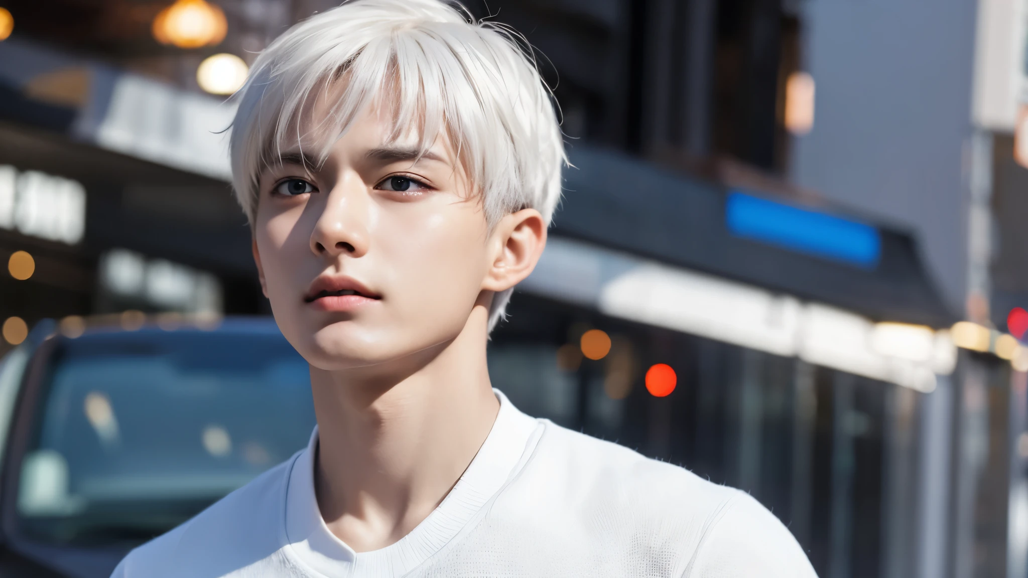 "Enjoy the visual feast as you witness the incredible transformation of handsome 20-year-old Saitama, a being of unparalleled strength and captivating temperament. With brilliant short-cut white hair and piercing red eyes, this energetic person will surprise you."