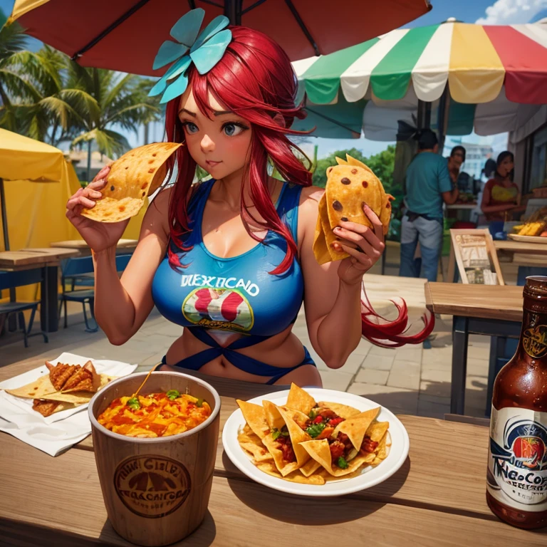 Mexican woman eating tacos, Mexican food stall tortillas and nachos　Tight tank top and hot pants　highest quality　Tequila and Corona beer on the table　String Panties