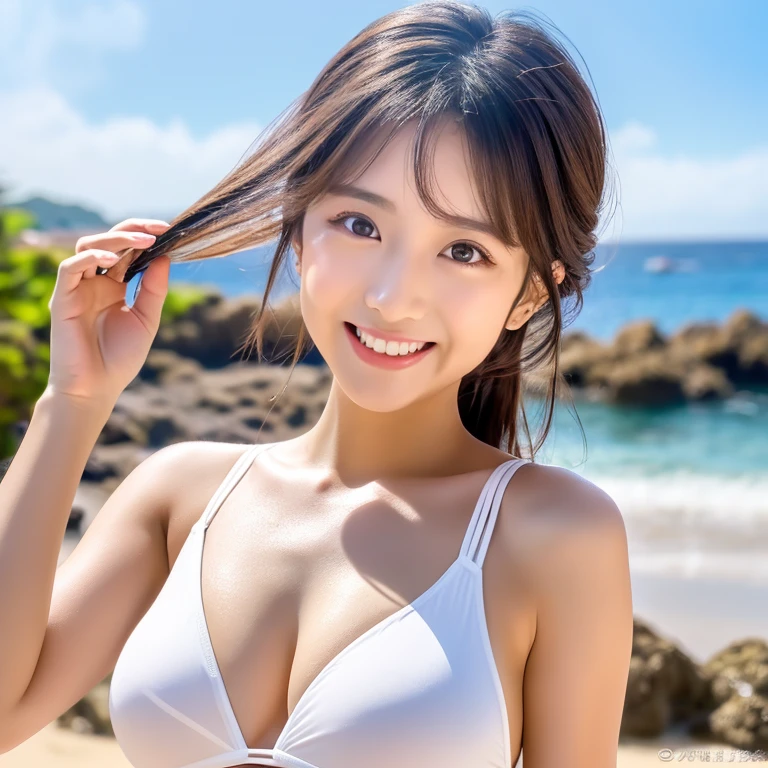 8K High Resolution、Photorealistic and vivid、See-through white stylish swimsuit、Big eyes like Imada Mio、A refreshing smile、Great sexy style and beautiful looks、Large bust、Without glasses、No hat、ponytail、sexy、charm、Full body image、The background is a sandy beach by the sea