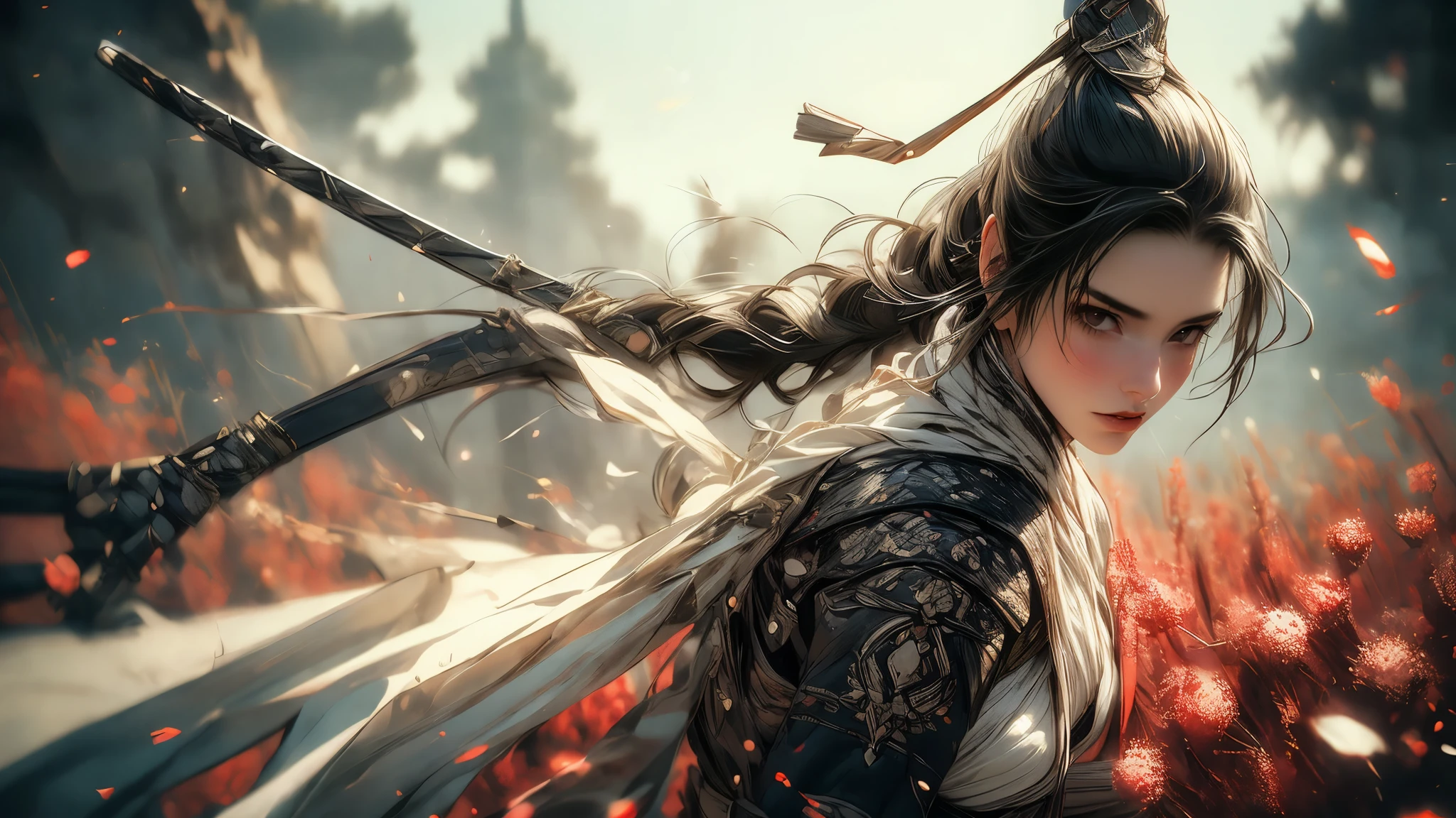 (In 8K,highest quality,masterpiece),(Realistic,RAW Photos,Super Fine Clear),Realistic Light,Detailed skin,Beautiful woman,((25-year-old female, Beautiful assassin:1.5)),Thin legs、fine grain,Long Hair, Detailed fingers、thin、Sexual,??????? Facial Expressions,garden, Camellia,Flower Storm, Super big , Bouncy and firm bust