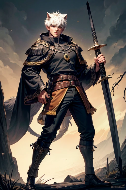 30 year old beast semi human man with short white hair, peinado desorenado con orejas de lobo en la cabeza ,  medieval hunter clothing black yellow eyes holding a sword brown shoes brown leather belt jade ornaments black wolf tail in forest background with magical symbols