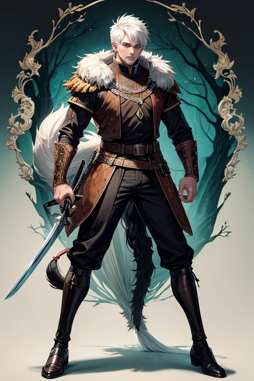 30 year old beast semi human man with short white hair, peinado desorenado con orejas de lobo en la cabeza ,  medieval hunter clothing black yellow eyes holding a sword brown shoes brown leather belt jade ornaments black wolf tail in forest background with magical symbols