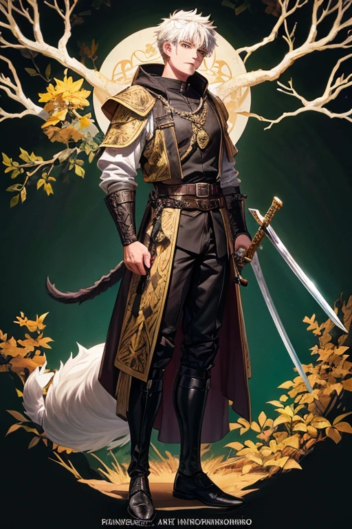 30 year old beast semi human man with short white hair, peinado desorenado con orejas de lobo en la cabeza , medieval hunter clothing black yellow eyes holding a sword brown shoes brown leather belt jade ornaments black wolf tail in forest background with magical symbols