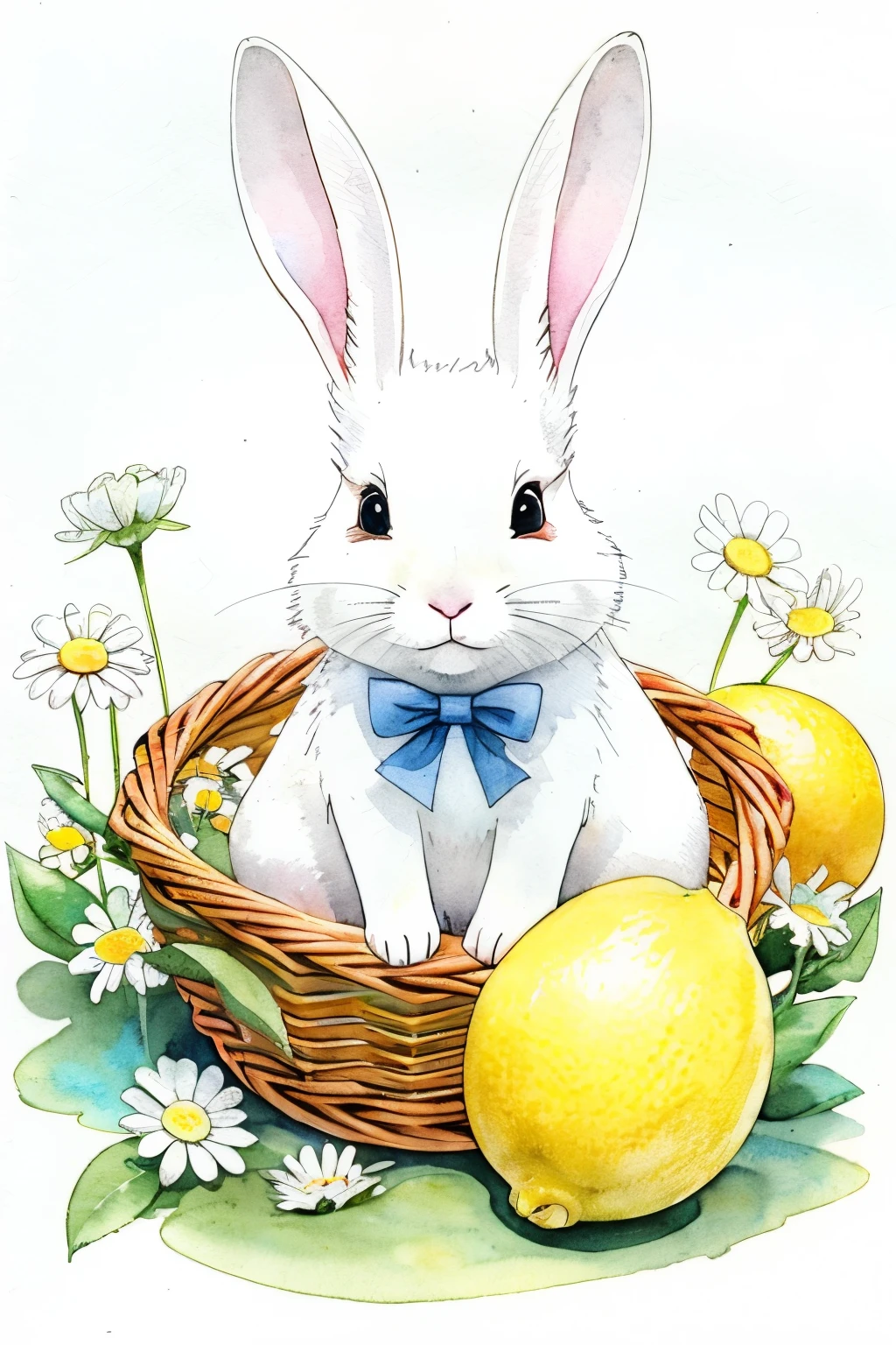 Rabbit in a basket Cute lemon and daisy Blue background Watercolor painting