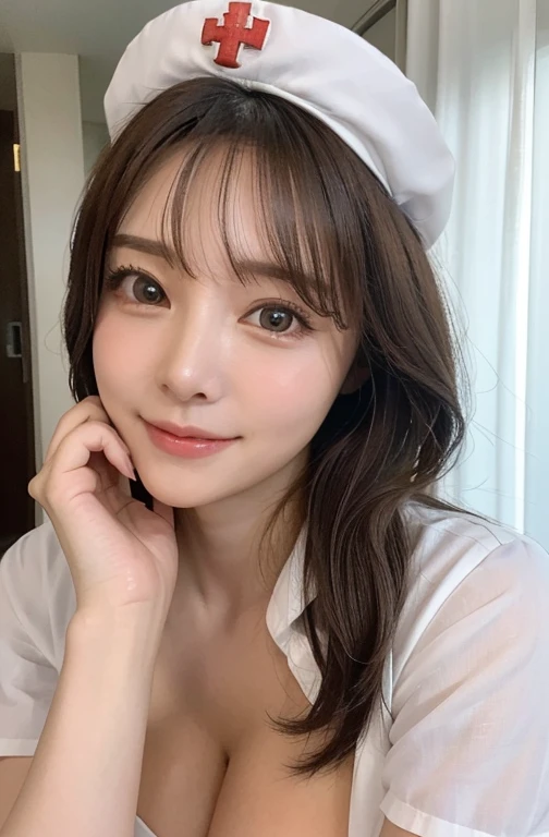 Nurse , in hospital , detailed hand , high quality, super quality, detailed face, beautiful woman , golden eyes, long hair , (huge breast:1.3) ,  wearing white nurse costume , nurse cap, sharpe eyebrow , erected nipple, smile ,(detailed face:1.4), beautiful bangs are covering her eyes,