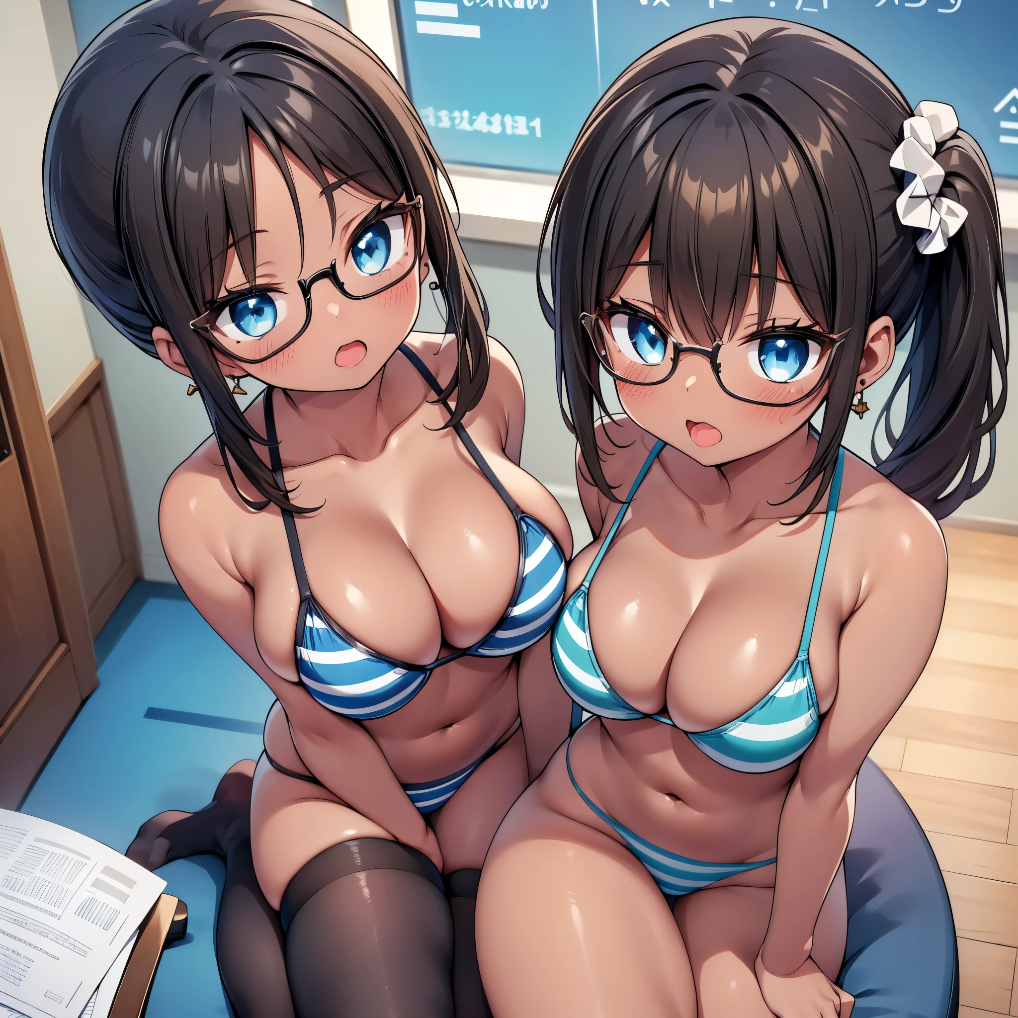 (cute eyes:1.2), (sparkling eyes:1.2), (8K、Best image quality、highest quality、masterpiece)、Detailed face、(2 girls)、Improve、((Brown Skin:1.3))、(Black Hair), (Blue Eyes, Glasses), (Low Ponytail, Scrunchie, Earrings),(open mouth:1.1), (long tongue:1.1), (skinny body:1.3), (huge breasts:1.1), (Light blue striped micro bikini:1.3), Sit on a chair, whole body, Classroom Background, (black stockings:1.1), (Thighs:1.2), (Waistline),(from above:1.2)