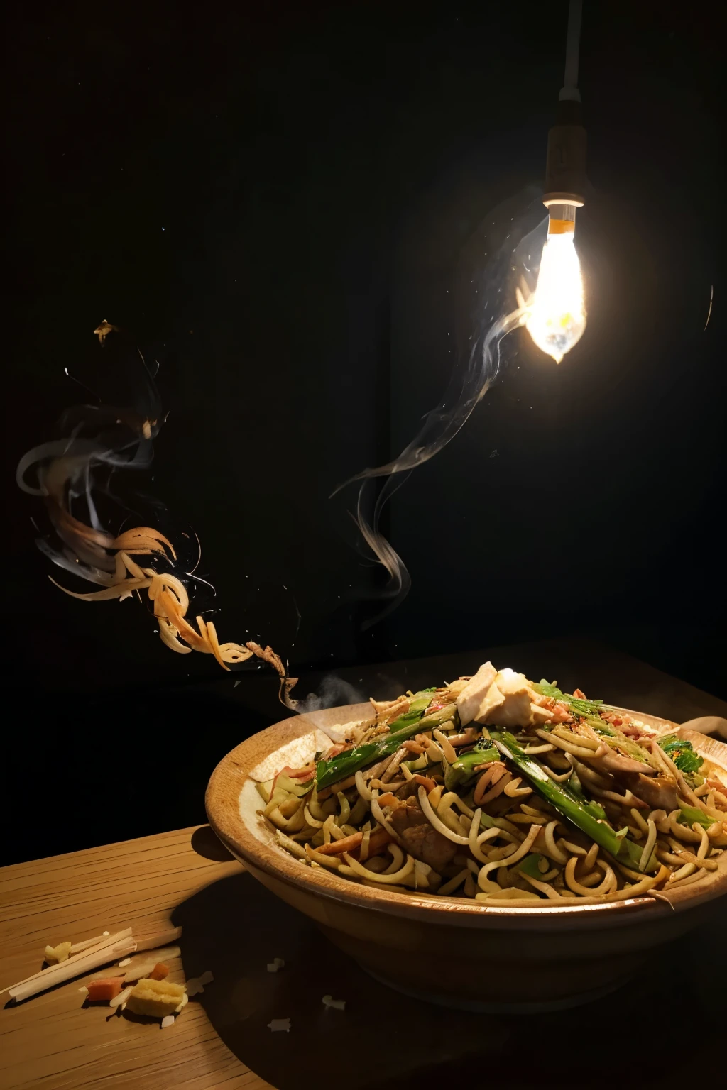 Foto de Yakisoba no prato da cor branca, hot plate smoke (light smoke), containing pieces of chicken (piece and don't take it away), pieces of meat (piece and don't take it away), contenha vegetais picados como cenoura, acelga, repolho, broccoli, couve flor. There are no people in the background image. A imagem quero pegando o prato por cima.