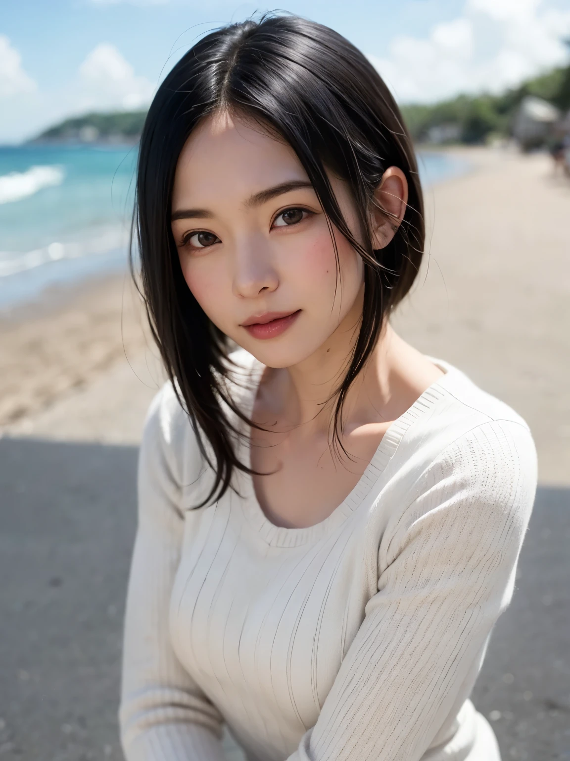 1 girl、highest quality、Realistic、solo、Depth of written boundary、Natural soft light、Daytime、attractive、Beautiful Face、Cleanliness、Pure Face、White skin、cute、short hair、Bans、Beach、Light of the sun、Medium Breast、Whole Body Ezbian、((sweater、黄金比のBeautiful Face、左右対称のBeautiful Face))、Long neck、Listen carefully、Neat short bob with bangs、Laugh with your mouth closed、Perfect Fingers、Perfect hands、Perfect body、Perfect Face、Shine a light into your eyes、Perfect Anatomy:1.4、とてもcuteスーパーモデル:1.4