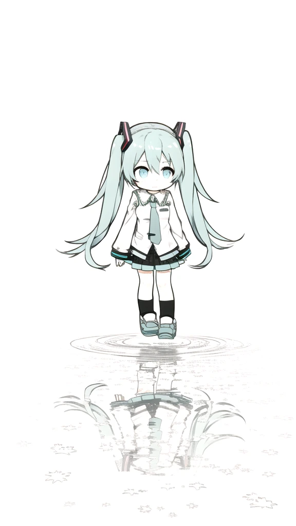 best quality, chibi, 1 girl,  miku, Hatsune Miku, (full body), Pure white background,Vivid,clearly,sad face,rain,Walking,snow