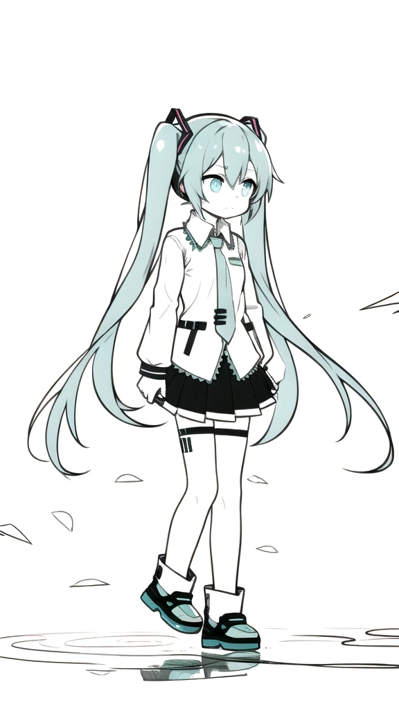 best quality, chibi, 1 girl, miku, Hatsune Miku, (full body), Pure white background,Vivid,clearly,sad face,rain,Walking,snow