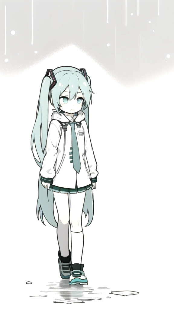 best quality, chibi, 1 girl, miku, Hatsune Miku, (full body), Pure white background,Vivid,clearly,sad face,rain,Walking,snow