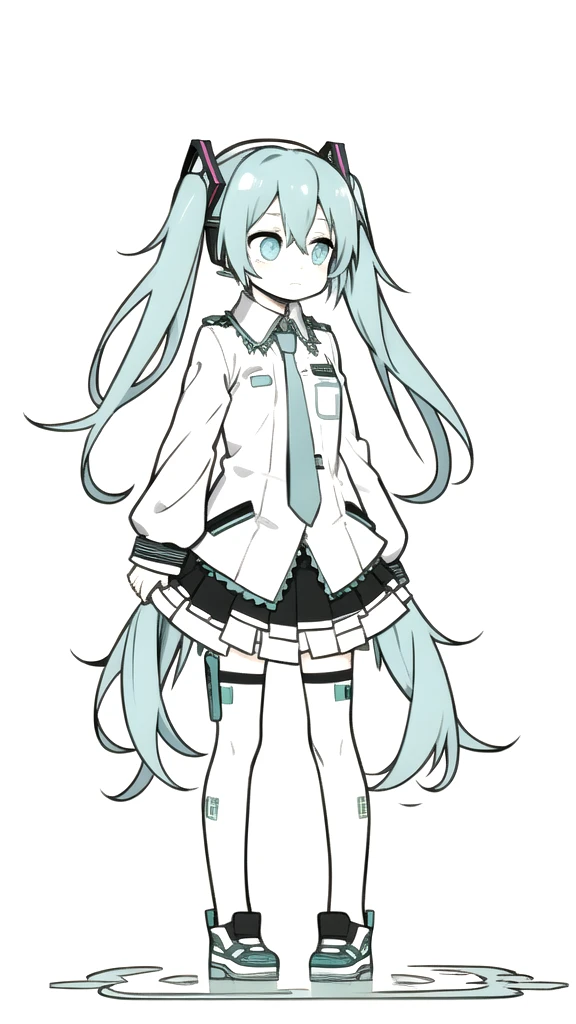 best quality, chibi, 1 girl,  miku, Hatsune Miku, (full body), Pure white background,Vivid,clearly,sad face,rain,Walking,snow