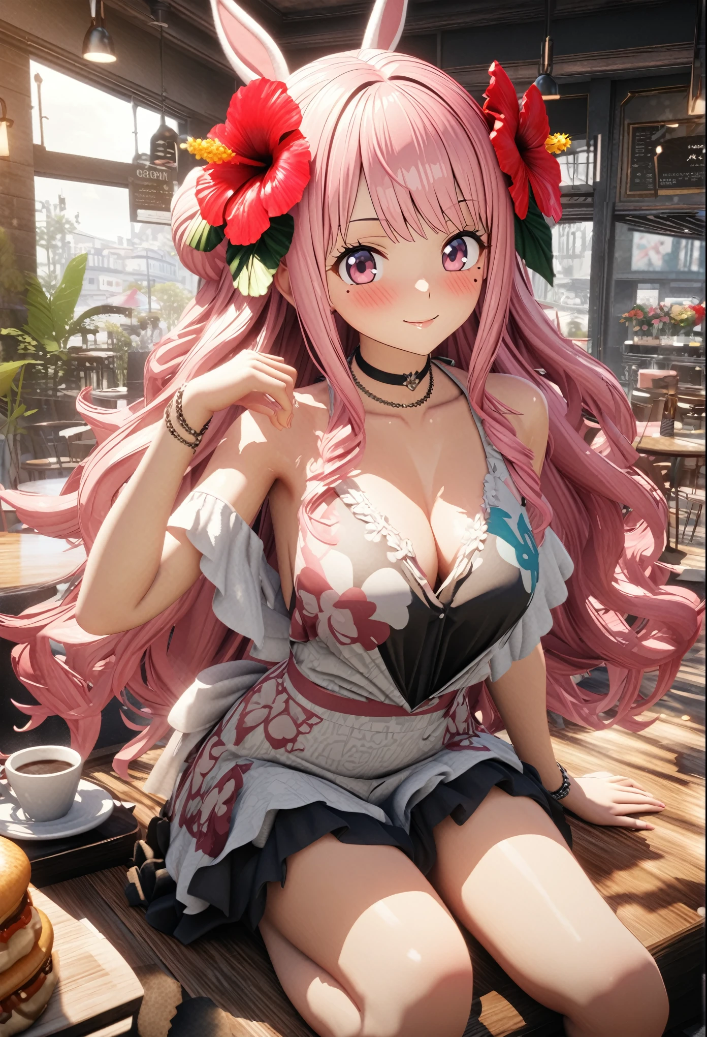 masterpiece, highest quality, Very detailed, High resolution, An expensive solution, High resolution, 4K, 8k, unity 8k wallpaper, Very detailed CG, masterpiece, 2D, 3D, Beautiful details, depth, Fine texture, highest quality: 1.3, Total concentration, Crisp skin, he, Very cute anime rabbit, A cute rabbit like an idol, expensive pink long hair, One Girl, Aloha One Piece, afternoon、coffee、Cafe, hibiscus hair accessory, Smiling long pink hair, whole body, Mole under the eye, Line Sight, expensive, blush, Lips parted, heart, Pink Eyes, choker