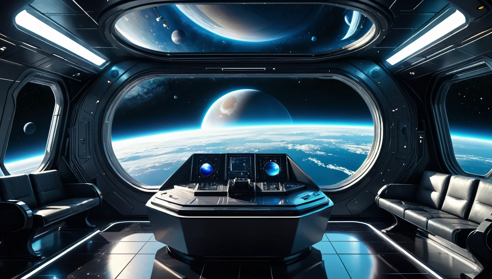 Nave espacial futurista con ventana transparente.. La imagen muestra el barco en su interior., showing outer space through the window. cinematographic, 8k, realista.