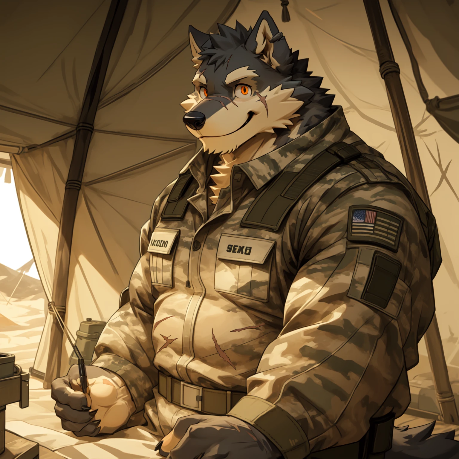 New Jersey 5 Furry，Wolf，portrait，Exquisite，Robust， Thick arms，Rugged muscles，Gray plush fur，Orange Eyes，Military Camp，Inside the tent，General，military uniform，Scars on the body，Relax，Smile