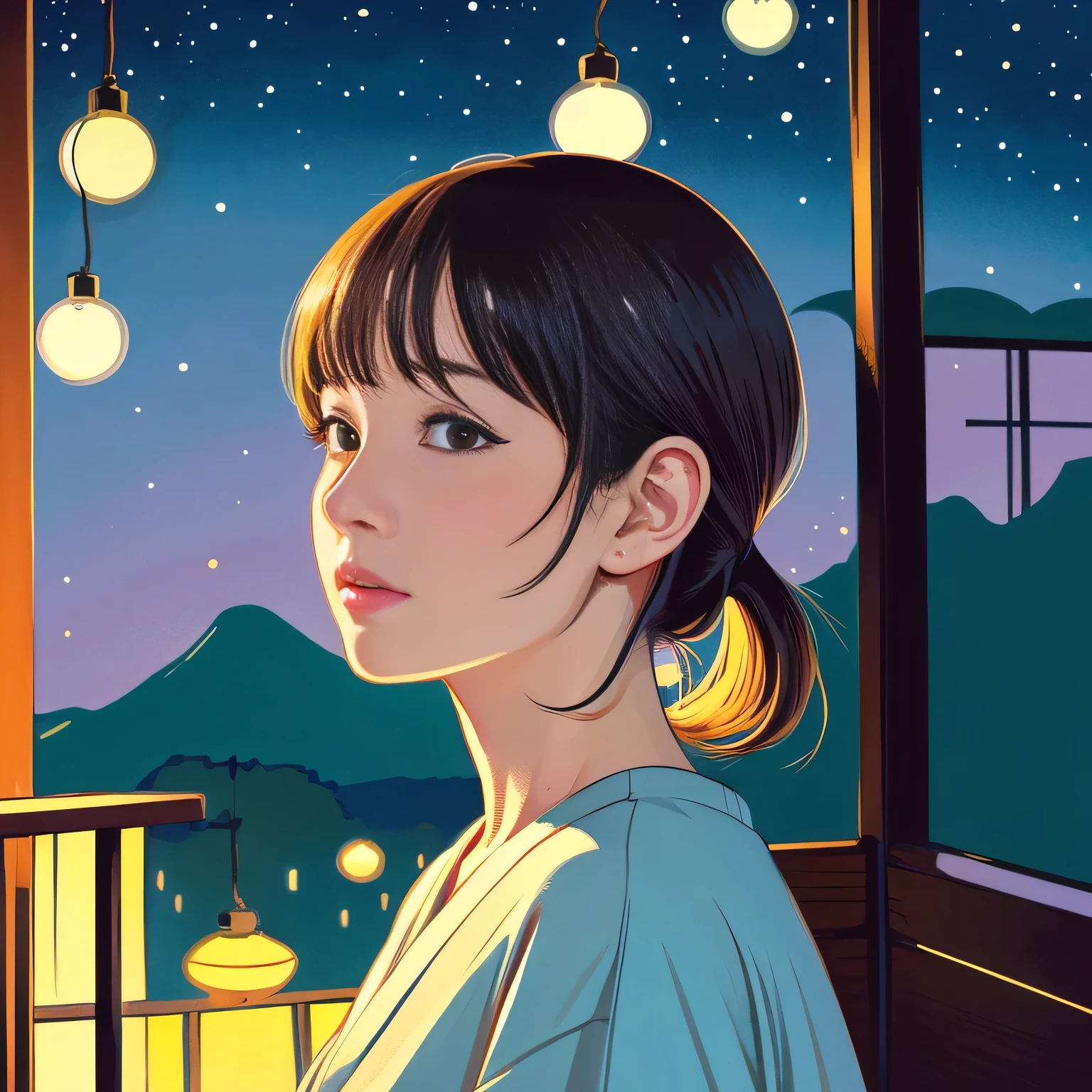 Illustration style、Ukiyo-e、Showa Anime、Woman looking this way、Japanese、May、night、 (highest quality, Ultra-detailed, Portraiture, Natural light)