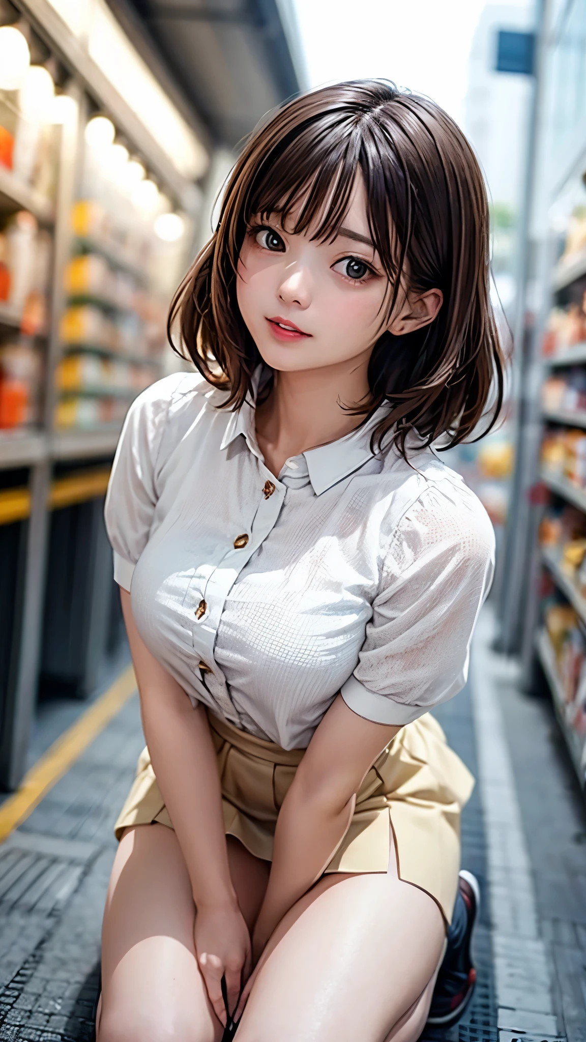 highest quality、4K quality、Young woman shopping、open-necked white blouse、Short skirt、Beautiful thighs、Soft breasts、Looking up at the photographer、Bend on one knee、Hide your chest with your hands、Shot from the top of the front