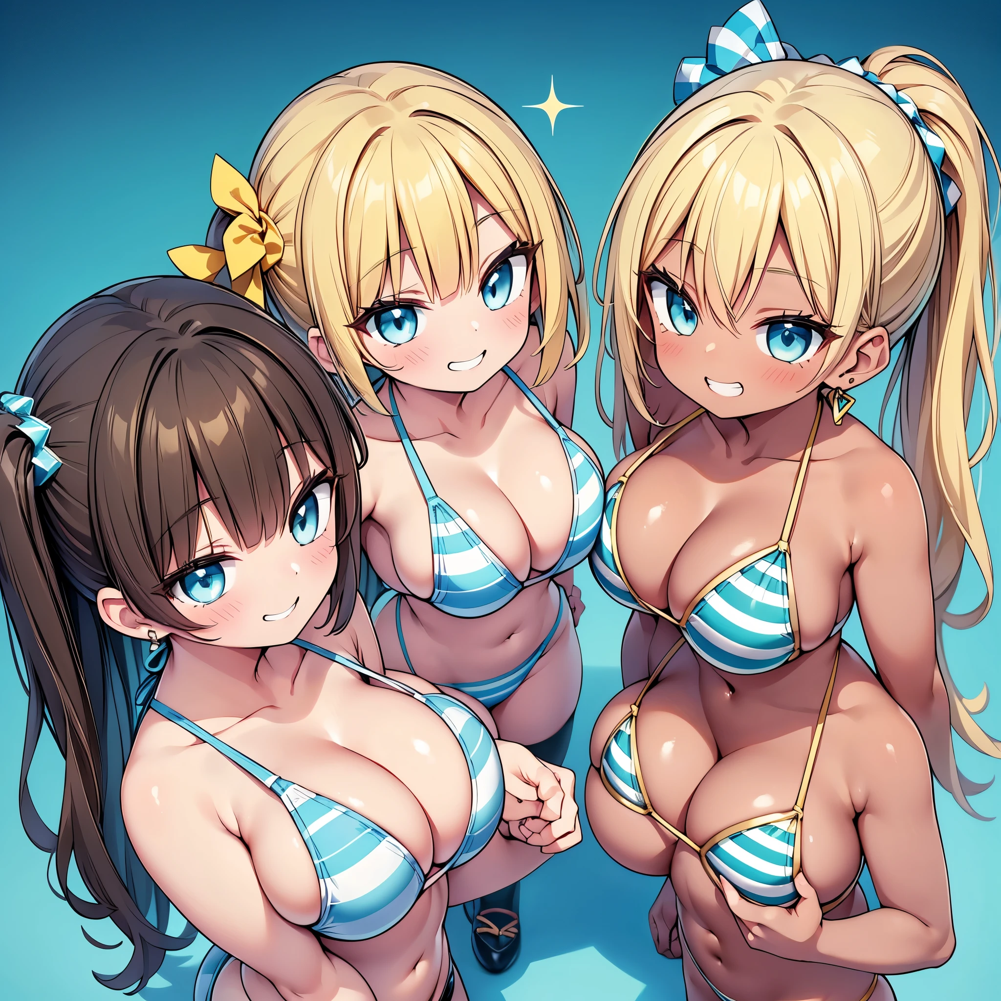 (cute eyes:1.2), (sparkling eyes:1.2), (8K、Best image quality、highest quality、masterpiece)、Detailed face、(Upper body close-up:1.3), (4 girls)、Improve、((Brown Skin:1.3))、blonde、Low Ponytail、Scrunchie、Yellow Eyes、Earrings、Wicked Smile、((Grin)), (glamorous:1.1), (huge breasts:), (Light blue striped micro bikini:1.5), (coordinated group gymnastics, saboten pose:1.2), Classroom Background, (black stockings:1.2), (Thighs:1.2), (Waistline),(from above:1.2)