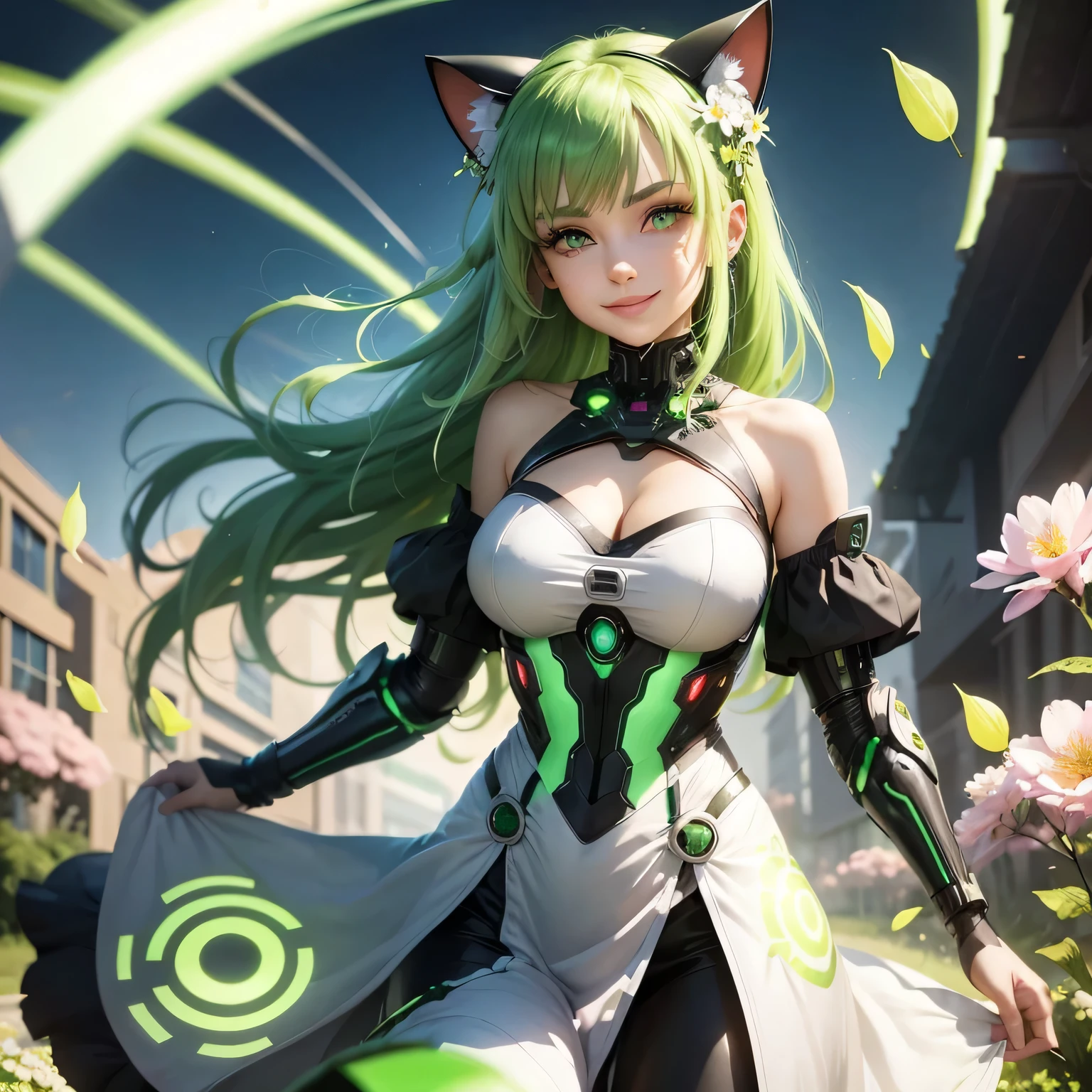 Beautiful woman with green eyes, green hair smiling, pleading, fully clothed in a spring dress, cybernetic cat ears, cyber, blooming spring flowers and abstract lightss in the background, flying petals, happy
