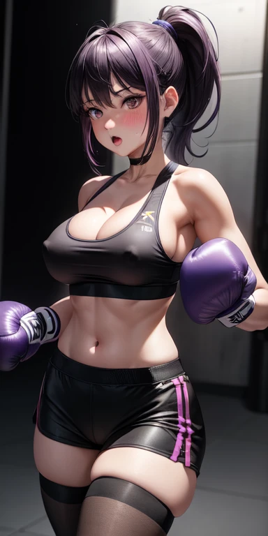 actual, 1 girl, Ponytail, Purple Eyes, Sports bra,miniskirt,Black tights,open mouth, blush, Boxing gloves,Big Breasts,Cleavage,nipple