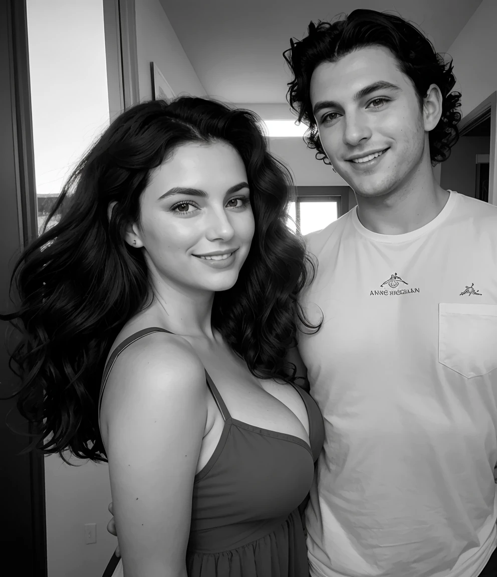 photograph of a dark-haired woman with windblown curls, her hair is intertwined, like a flame against the twilight sky., radiating unbridled beauty, Big breasts, wearing a dress visiting her brother  at los angeles california in a house, smiling with her brother