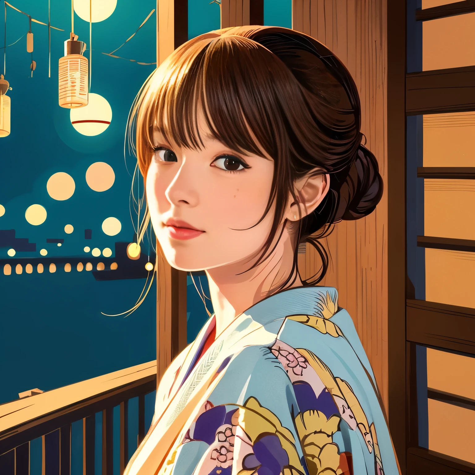 Illustration style、Ukiyo-e、Showa Anime、Woman looking this way、Japanese、May、night、 (highest quality, Ultra-detailed, Portraiture, Natural light)