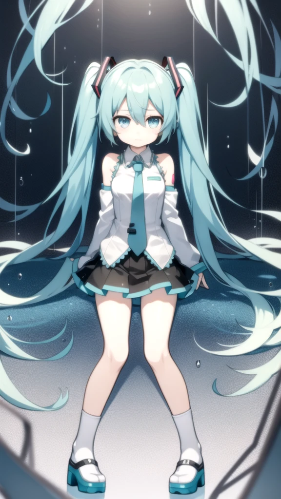 best quality, chibi, 1 girl,  miku, Hatsune Miku, (full body), Pure white background,Vivid,clearly,sad face,rain