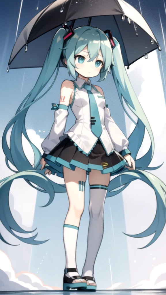 best quality, chibi, 1 girl,  miku, Hatsune Miku, (full body), Pure white background,Vivid,clearly,sad face,rain