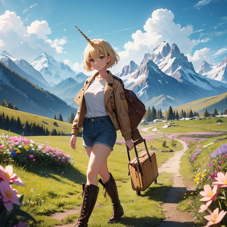 unicorn　Blonde girl　Walking short hair　Wearing brown boots　Short trousers　denim　Leather jacket　In the mountains　Flowers are blooming