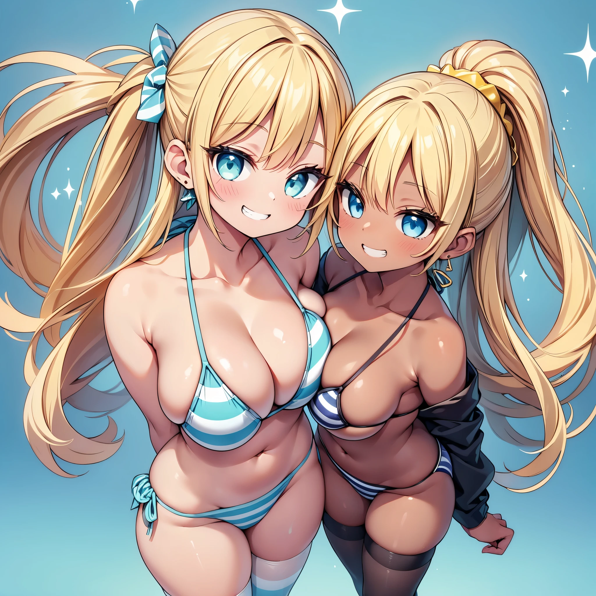 (cute eyes:1.2), (sparkling eyes:1.2), (8K、Best image quality、highest quality、masterpiece)、Detailed face、(2 girls)、Improve、((Brown Skin:1.3))、blonde、Low Ponytail、Scrunchie、Yellow Eyes、Earrings、Wicked Smile、((Grin)), (glamorous:1.1), (:), (Light blue striped micro :1.5), (face-to-face:1.4), whole body, Classroom Background, (black stockings:1.2), (Thighs:1.2), (Waistline)