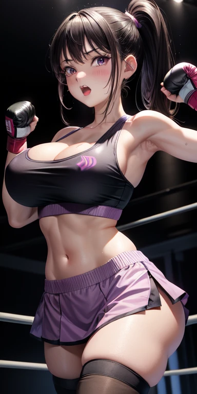 actual, 1 girl, Ponytail, Purple Eyes, Sports bra,miniskirt,Black tights,open mouth, blush, Boxing gloves,Big Breasts,Cleavage,nipple,Sexy pose