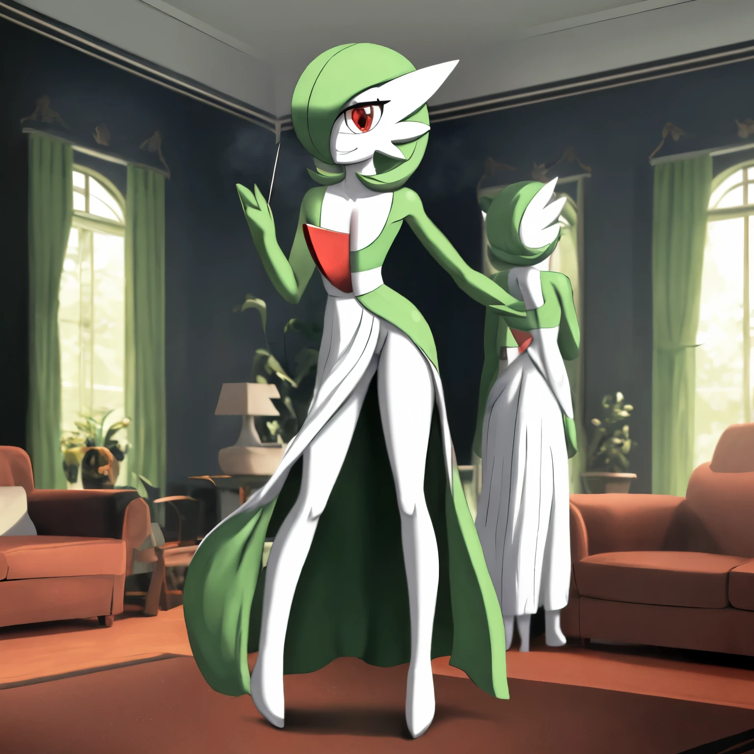 best quality, Gardevoir, pokemon, 1girl, solo, short height, red eyes, green hair, beautiful, small mouth, wink, slim, cute, slender body, skinny legs, looking at viewer, blurry background, magical realm, casting magic, psychic magic, full body, slim, ((masterpiece)), best quality, 4k, cinematic lighting, ray tracing, reflected light, panorama, flat chest, high detailed illustration, high detailed background, hi-res, white dress, long skirt, long dress, gardevoir dress, covered groin, covered hips, green top, bare legs, bare feet, small feet, standing, living room, pokemon \(creature\), legs together