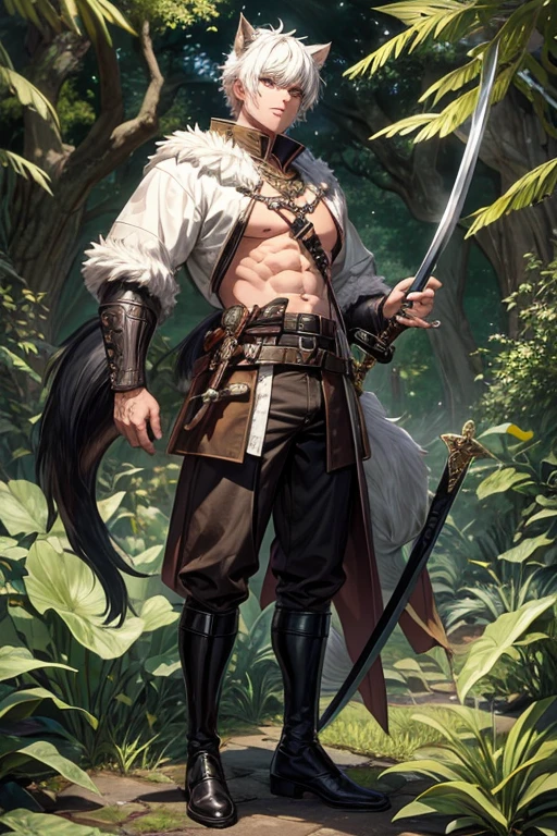 Male elf, handsome,asian, short hair, cute, pointed ears, wood elf, bowman, pull the bow, pull the bow, shooting bow, action pose, arrows, quiver, leather belt, chest guard, arm guard, shirtless, boots, full body,(Absurdres, intricate details, masterpiece, best quality, high resolution, 8k),(18 year old boy ,(pleased, pleasure face , blush, horny smirk, forest background, big bulge, nsfw