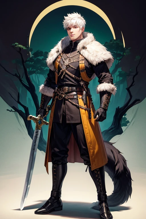 30 year old beast semi human man with short white hair, peinado desorenado con orejas de lobo en la cabeza , medieval hunter clothing black yellow eyes holding a sword brown shoes brown leather belt jade ornaments black wolf tail in forest background with magical symbols