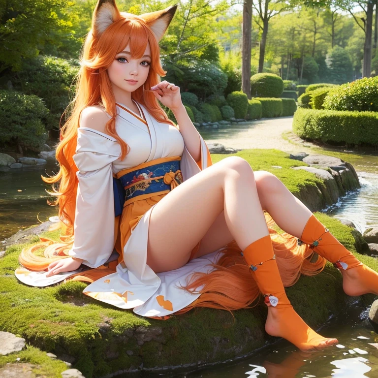 (best quality,4k,8k,highres,masterpiece:1.2),ultra-detailed,(realistic,photorealistic,photo-realistic:1.37),cute,solo girl with orange long wavy hair,blue eyes,fox ears,fluffy fox tail,wearing traditional Japanese  clothing, summer time in Japan,beautiful garden scenery,lush greenery,colorful