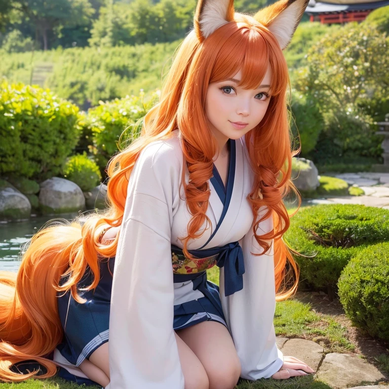 (best quality,4k,8k,highres,masterpiece:1.2),ultra-detailed,(realistic,photorealistic,photo-realistic:1.37),cute,solo girl with orange long wavy hair,blue eyes,fox ears,fluffy fox tail,wearing traditional Japanese clothing, summer time in Japan,beautiful garden scenery,lush greenery,colorful