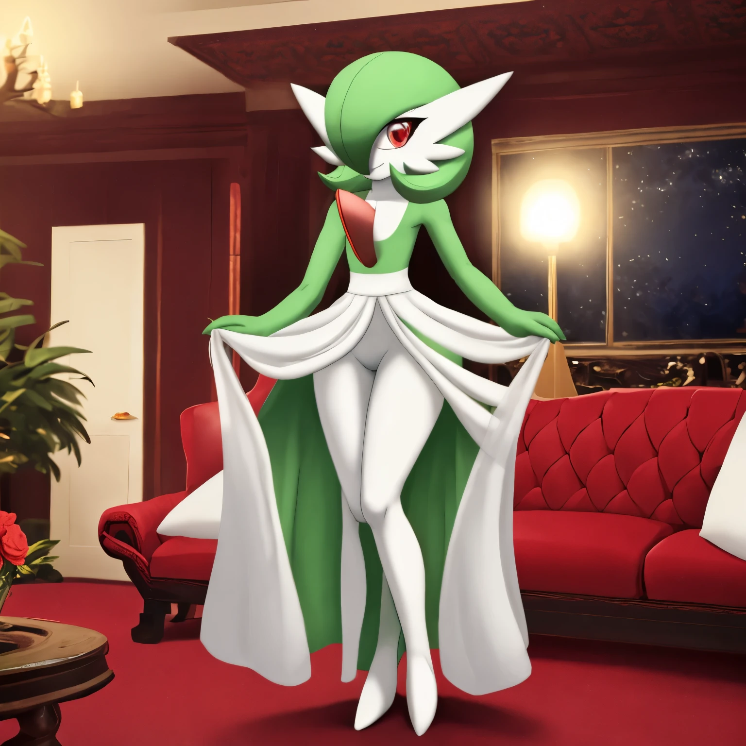 best quality, Gardevoir, pokemon, 1girl, solo, short height, red eyes, green hair, beautiful, small mouth, wink, slim, cute, slender body, skinny legs, looking at viewer, blurry background, magical realm, casting magic, psychic magic, full body, slim, ((masterpiece)), best quality, 4k, cinematic lighting, ray tracing, reflected light, panorama, flat chest, high detailed illustration, high detailed background, hi-res, white dress, long skirt, long dress, gardevoir dress, covered groin, covered hips, green top, bare legs, bare feet, small feet, standing, living room, pokemon \(creature\), legs together