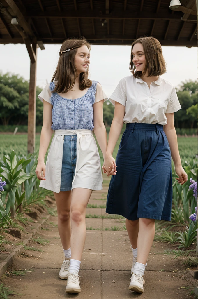 Two girls,hold hand, short hair, long hair, hyacinth field