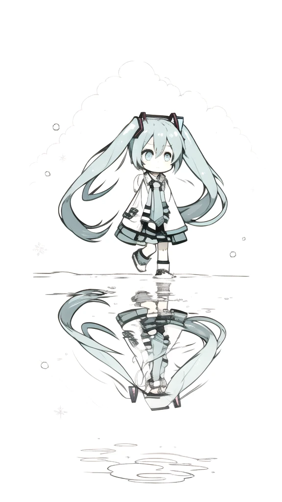best quality, chibi, 1 girl, miku, Hatsune Miku, (full body), Pure white background,Vivid,clearly,sad face,rain,Walking,snow