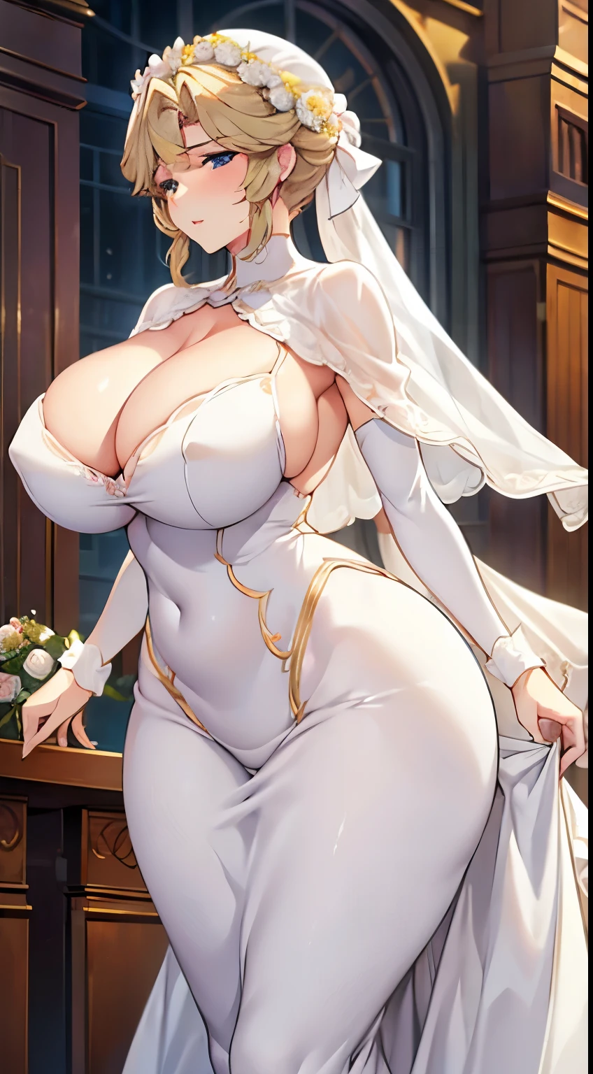 (Mature female , Sagging breasts、Cleavage, cleveage, Curvy beauty, Perfect body,)Wedding dress,hall,Flying white doves,Holding a bouquet of roses,Holy