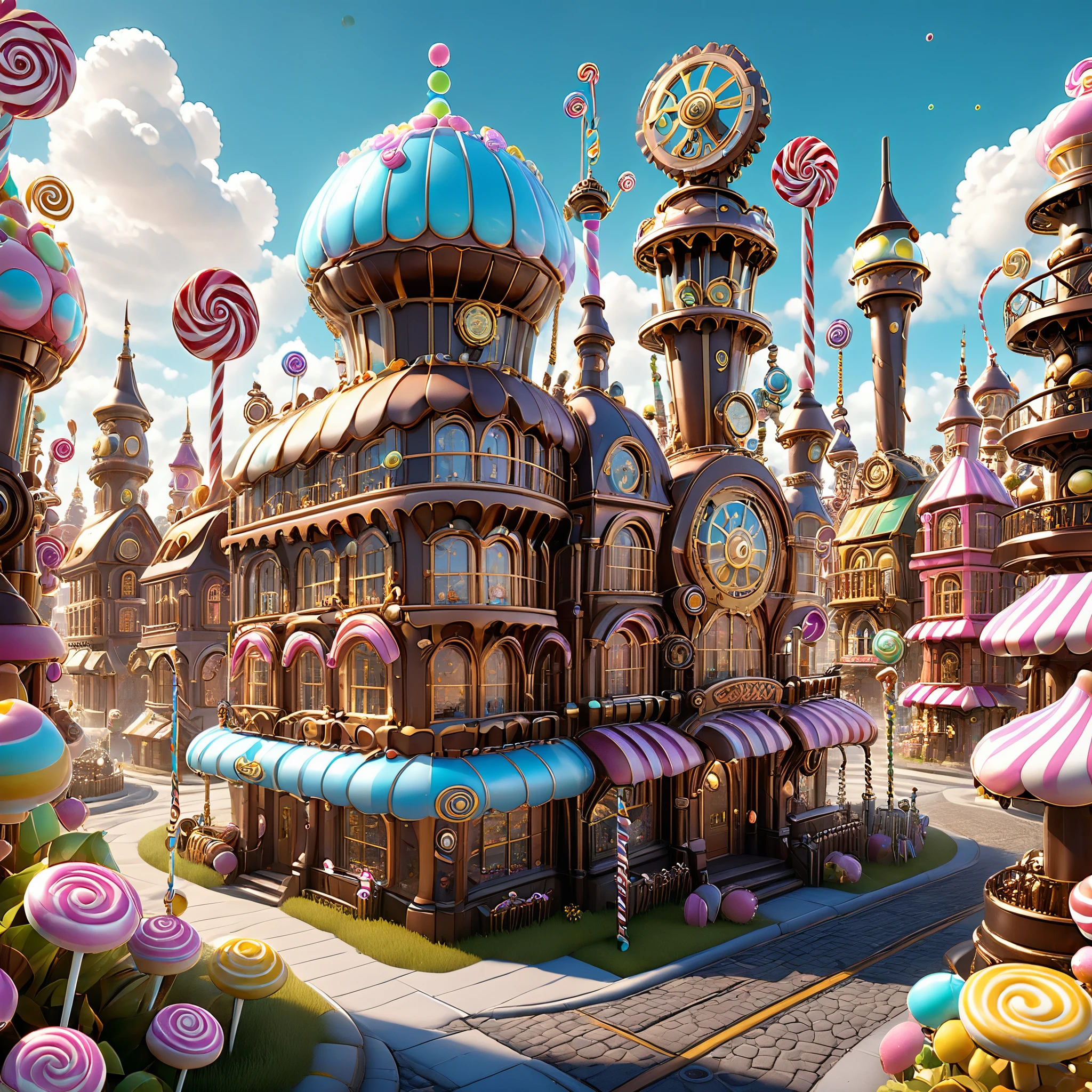 Challenge AI to reimagine the candy city with a steampunk twist, integrating gears, cogs, and intricate mechanical elements into the candy buildings. Request a photorealistic rendering in 8K resolution.