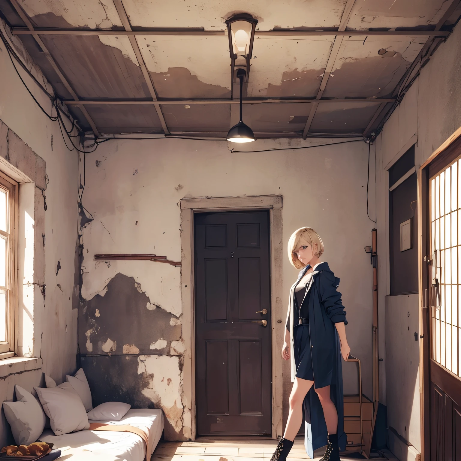 ((20-year-old woman,Blonde short bob hair,She is walking through an empty room)),Huge kids room,room in underground,A room with children's graffiti,Messy room,Dim electricity,Dimly lit room,There are many long and thin monsters,Uneasy atmosphere,