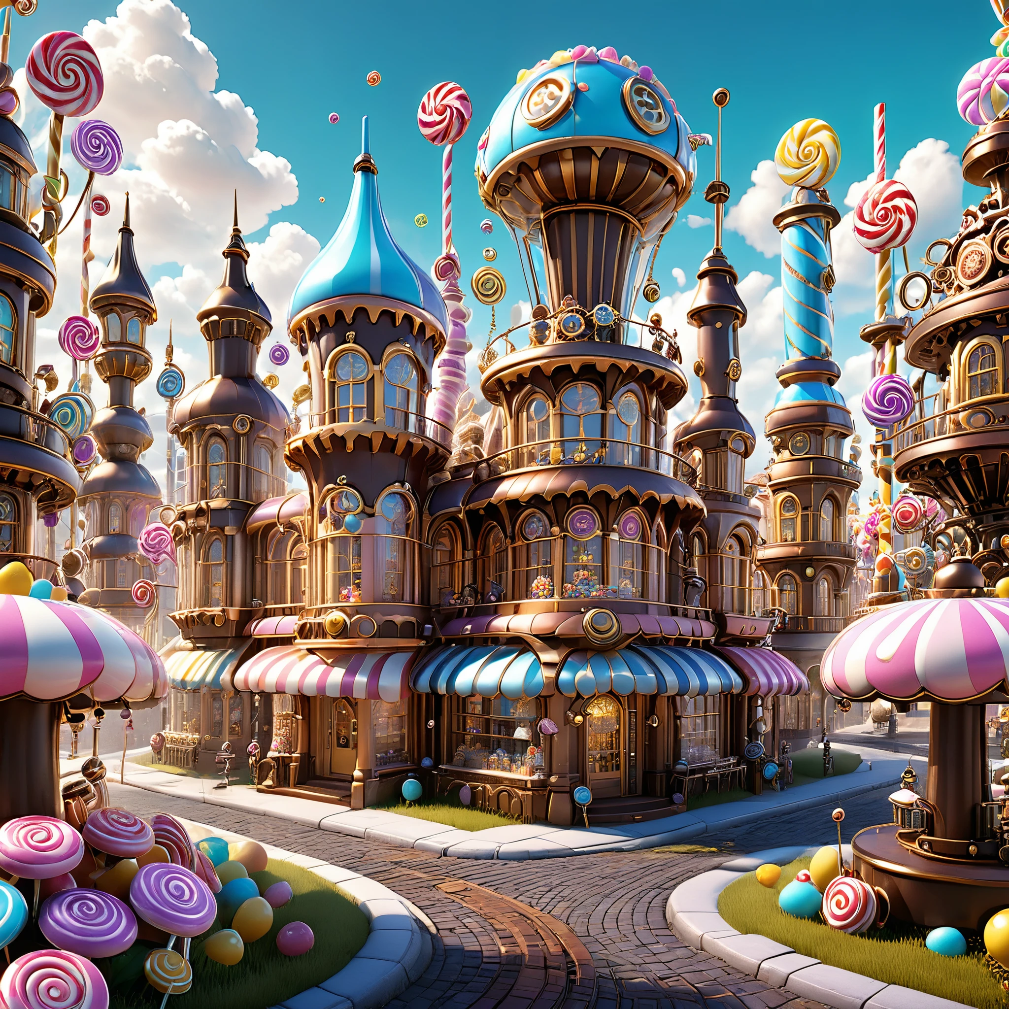 Challenge AI to reimagine the candy city with a steampunk twist, integrating gears, cogs, and intricate mechanical elements into the candy buildings. Request a photorealistic rendering in 8K resolution.