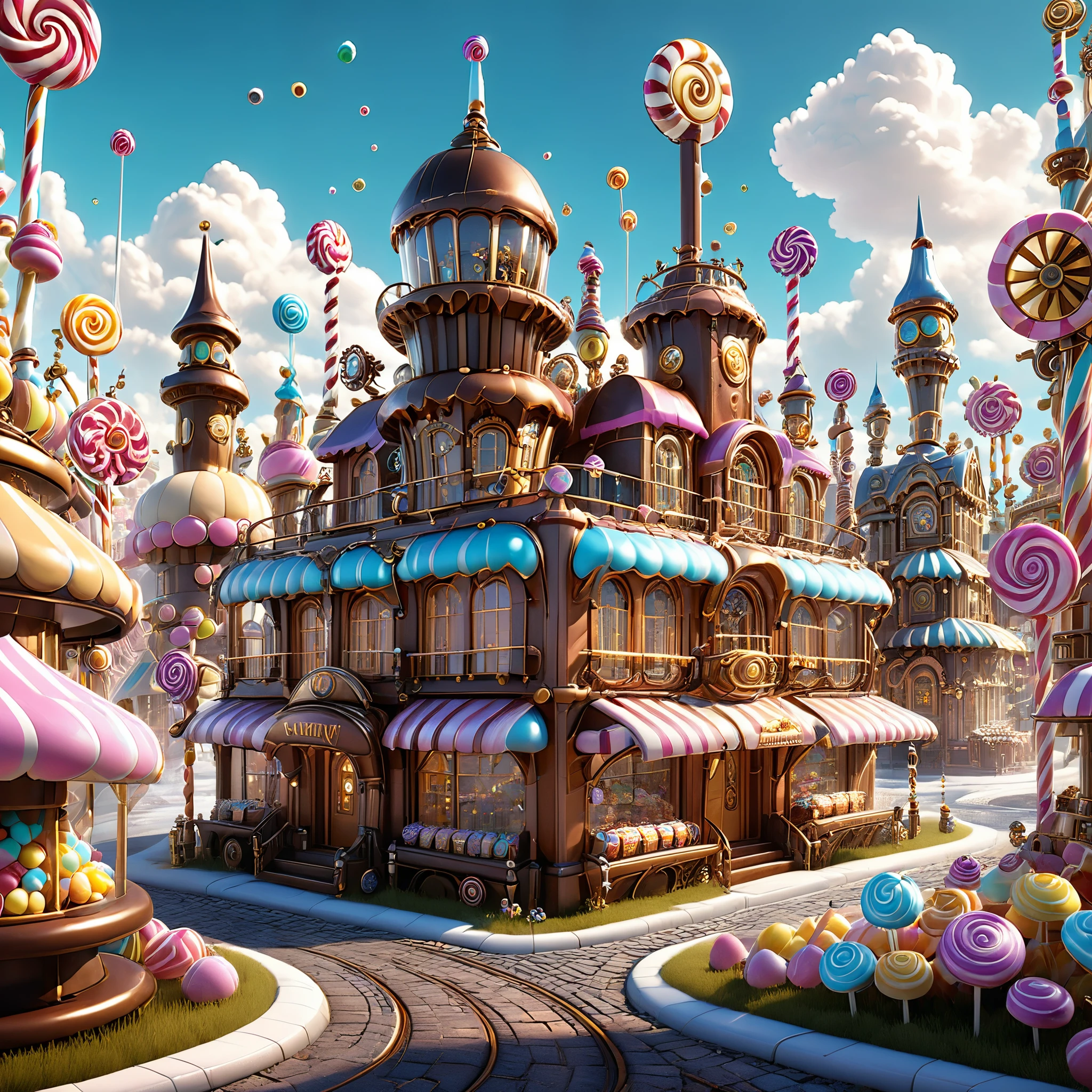 Challenge AI to reimagine the candy city with a steampunk twist, integrating gears, cogs, and intricate mechanical elements into the candy buildings. Request a photorealistic rendering in 8K resolution.