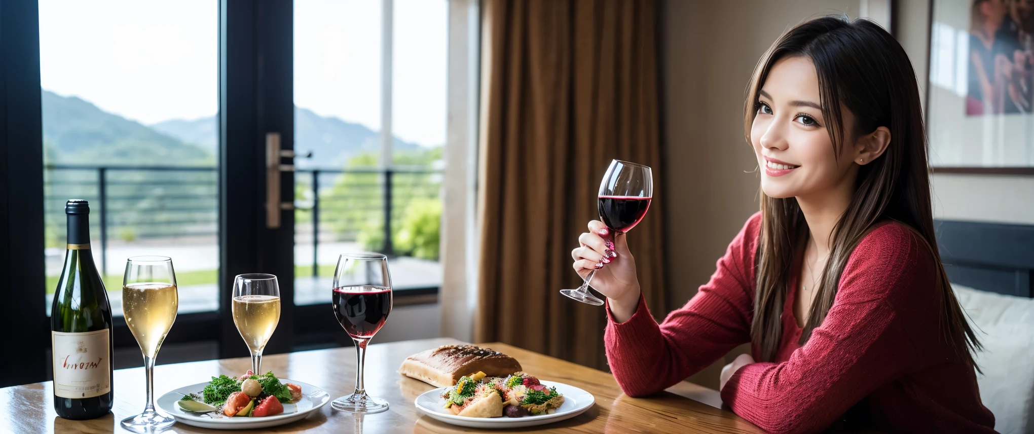 ((highest quality、8k、masterpiece:1.3))、Beautiful woman perfect body:1.4、Beautiful mature woman、Two women who love wine、One Man、slimなボディ、((Bob Hale、Straight hair:1.2))、 Ultra-high resolution, Bright image、Beautiful Face, blue eyes, Beautiful Eyes, The light shines on your face, Blushing your nose, short hair,Amazing view of the sunset sky and clouds、Amazing mountain views、ニコニコ明るいsmile、smileの素敵な女性、Bright Face、Fox face、Lady、Champagne、Wine bottle、wine glass、red wine 、Appetizers、Italian food、Two beauties、Brown Hair、Shortcuts、Long sleeve shirt、Winter Fashion、dress、Wine bottle、sparkling wine、Pretty Woman 1, (slimな顔), (Brown Hair), (Shortcuts), cheeks turn a little red, (36 years old), 39 years old, Attractive beauty、restaurant, Nova Frog Style, actress, model, Upper Body, White wine, slim, wine glass, 真ん中に置かれたwine glass, smile, (smile: 1.15), 綺麗なBeautiful Eyes, Strong light and shadow,Moist Body:1.5、Delicate eyes、Brown Hair、The hair is very shiny、