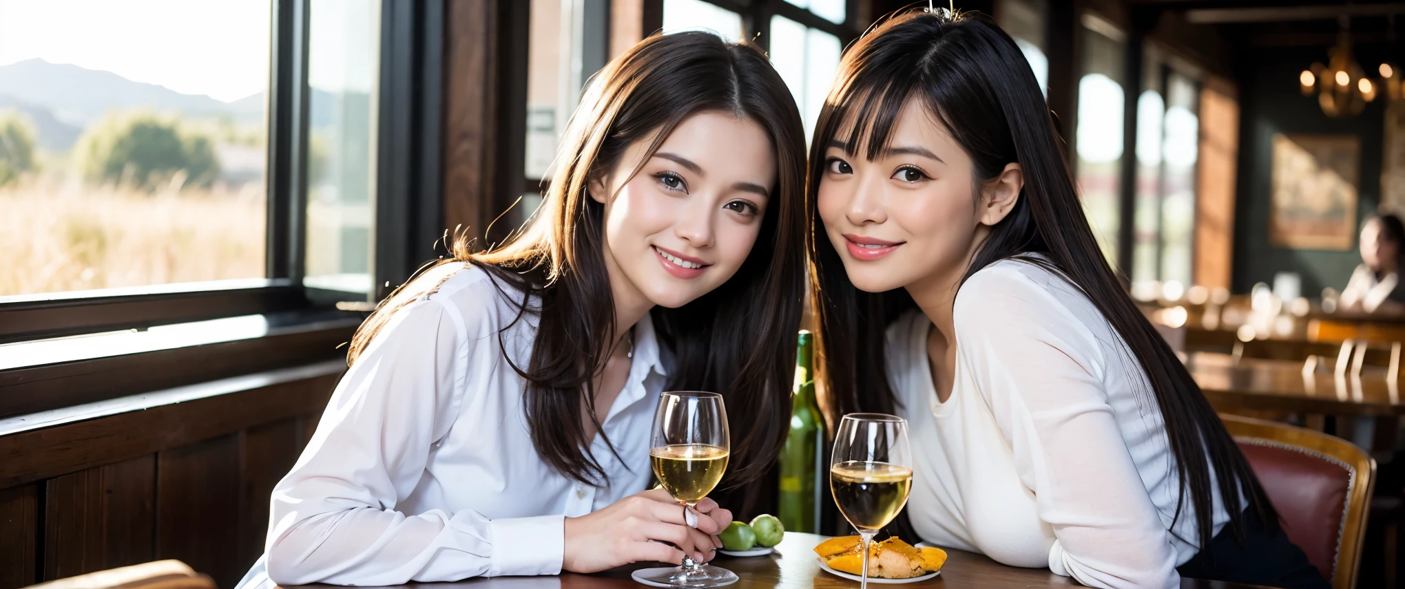 ((highest quality、8k、masterpiece:1.3))、Beautiful woman perfect body:1.4、Beautiful mature woman、Two women who love wine、One Man、slimなボディ、((Bob Hale、Straight hair:1.2))、 Ultra-high resolution, Bright image、Beautiful Face, blue eyes, Beautiful Eyes, The light shines on your face, Blushing your nose, short hair,Amazing view of the sunset sky and clouds、Amazing mountain views、ニコニコ明るいsmile、smileの素敵な女性、Bright Face、Fox face、Lady、Champagne、Wine bottle、wine glass、red wine 、Appetizers、Italian food、Two beauties、Brown Hair、Shortcuts、Long sleeve shirt、Winter Fashion、dress、Wine bottle、sparkling wine、Pretty Woman 1, (slimな顔), (Brown Hair), (Shortcuts), cheeks turn a little red, (36 years old), 39 years old, Attractive beauty、restaurant, Nova Frog Style, actress, model, Upper Body, White wine, slim, wine glass, 真ん中に置かれたwine glass, smile, (smile: 1.15), 綺麗なBeautiful Eyes, Strong light and shadow,Moist Body:1.5、Delicate eyes、Brown Hair、The hair is very shiny、