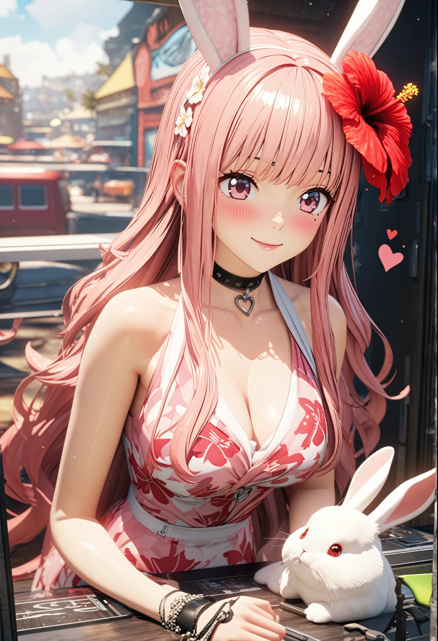masterpiece, highest quality, Very detailed, High resolution, An expensive solution, High resolution, 4K, 8k, unity 8k wallpaper, Very detailed CG, masterpiece, 2D, 3D, Beautiful details, depth, Fine texture, highest quality: 1.3, Total concentration, Crisp skin, he, Very cute anime rabbit, A cute rabbit like an idol, expensive pink long hair, One Girl, Aloha One Piece, morning, morning食, hibiscus hair accessory, Smiling long pink hair, whole body, Mole under the eye, Line Sight, expensive, blush, Lips parted, heart, Pink Eyes, choker